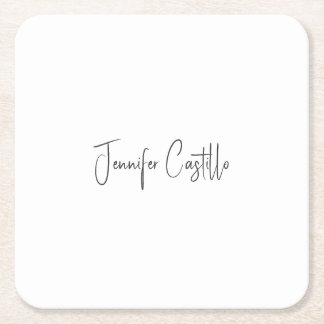 Plain Black White Minimalist Calligraphy Square Paper Coaster