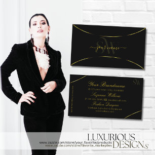 Plain Black with Gold Decor and Monogram Stylish Business Card