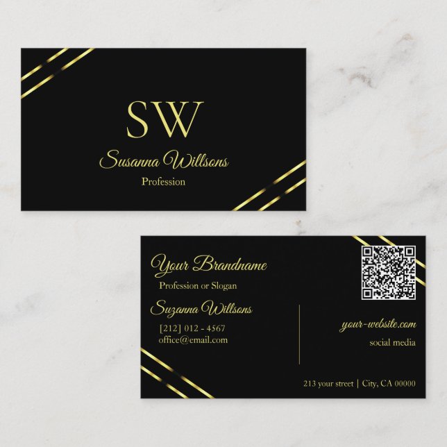 Plain Black with Gold Lines Monogram and QR Code Business Card (Front/Back)