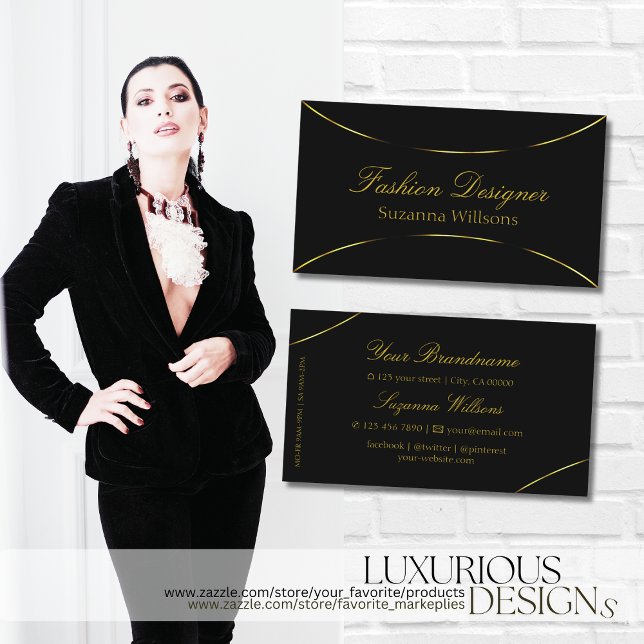 Plain Black with Shimmery Gold Decor Simply Modern Business Card (Creator Uploaded)