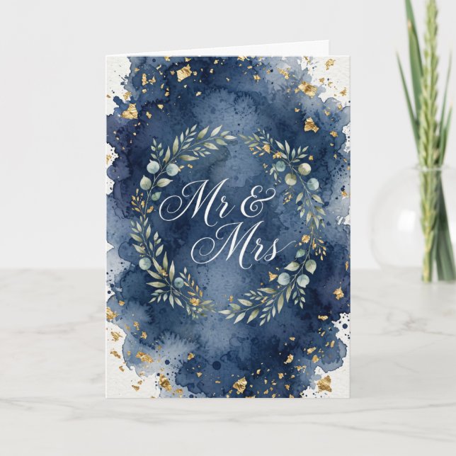 Plain blue and gold Mr and Mrs wedding card (Front)