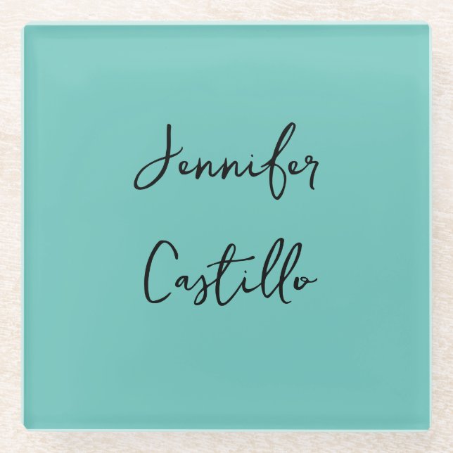 Plain Blue Black Minimalist Modern Calligraphy Glass Coaster (Front)