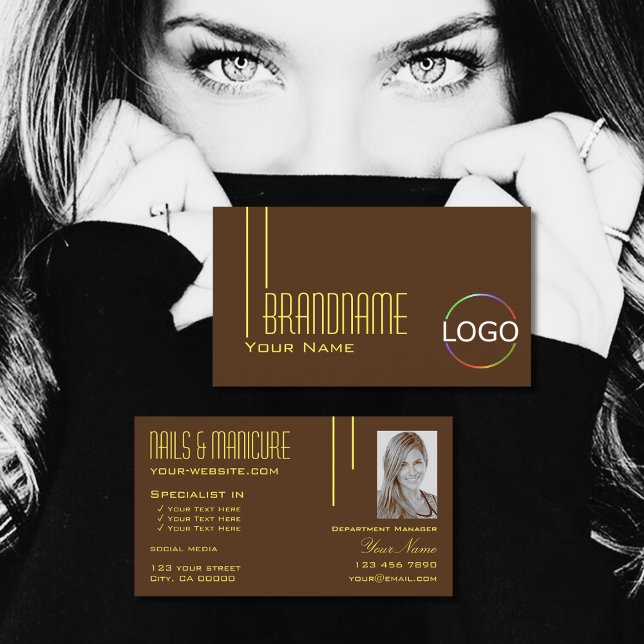 Plain Chocolate Brown with Logo and Photo Stylish Business Card (Creator Uploaded)
