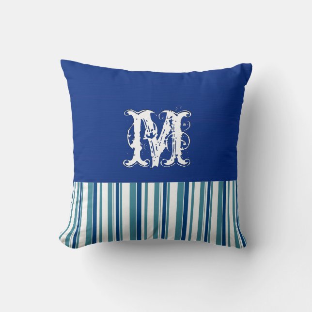 Plain Dark Blue Background. Monogram Retro Stripes Cushion (Front)