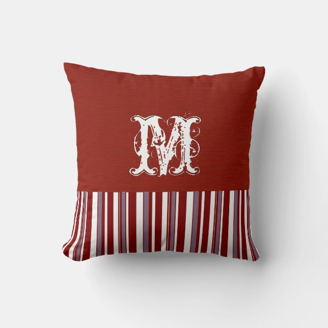 Plain Dark Red Background. Monogram Retro Stripes Cushion (Front)