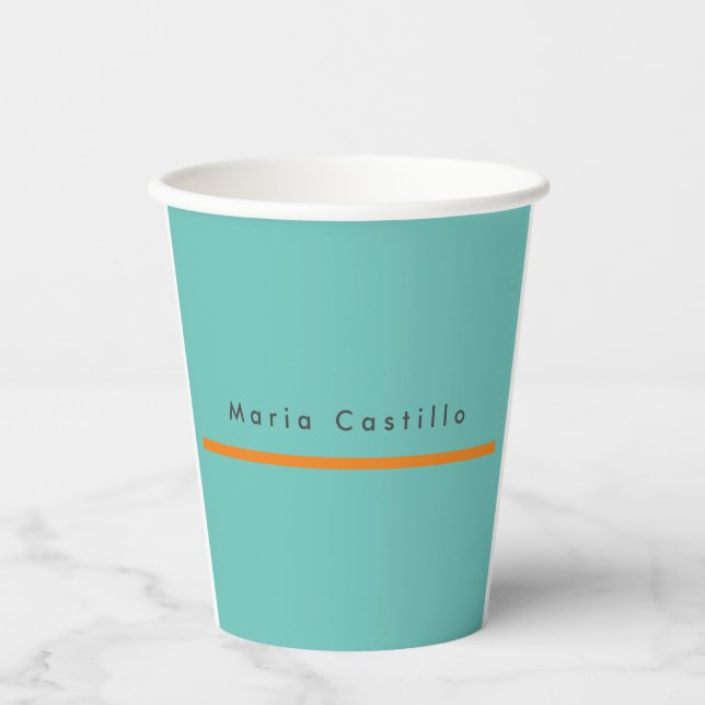 Plain Elegant Blue Orange Minimalist Modern Name Paper Cups (Front)