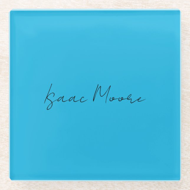 Plain Elegant Blue Script Calligraphy Name Glass Coaster (Front)