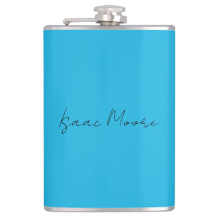 Plain Elegant Blue Script Calligraphy Name Hip Flask