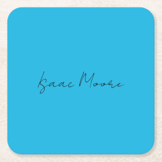 Plain Elegant Blue Script Calligraphy Name Square Paper Coaster