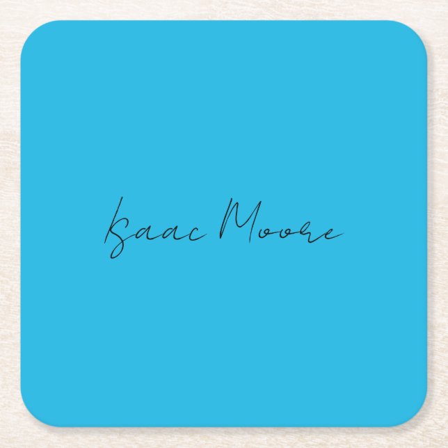Plain Elegant Blue Script Calligraphy Name Square Paper Coaster (Front)