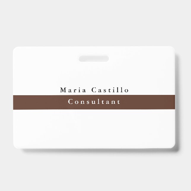 Plain Elegant Brown White Minimalist ID Badge (Front)