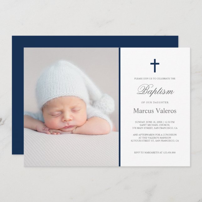 Plain Elegant Cross Photo Navy Baptism  Invitation (Front/Back)