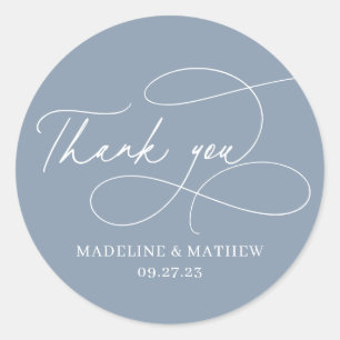 Plain Elegant Dusty Blue Script Wedding Thank You Classic Round Sticker
