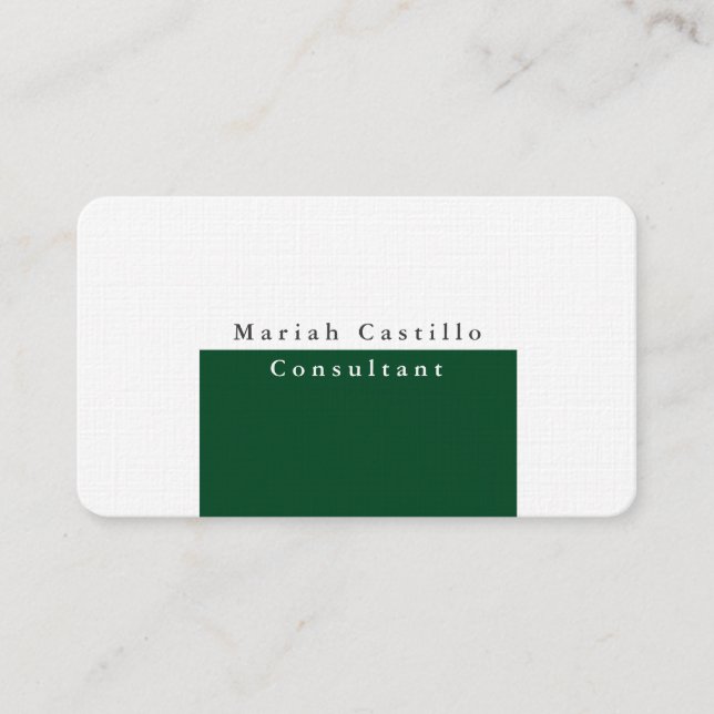 Plain Elegant Forest Green White Minimalist Modern Business Card (Front)