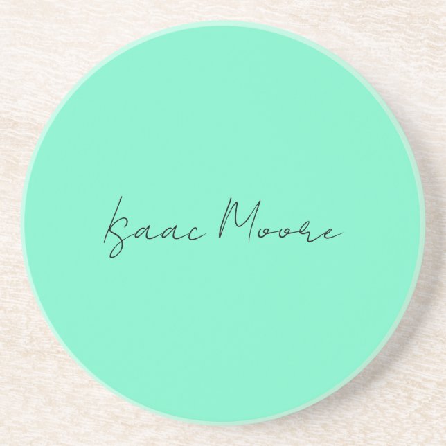 Plain Elegant Green Blue Script Calligraphy Name Coaster (Front)
