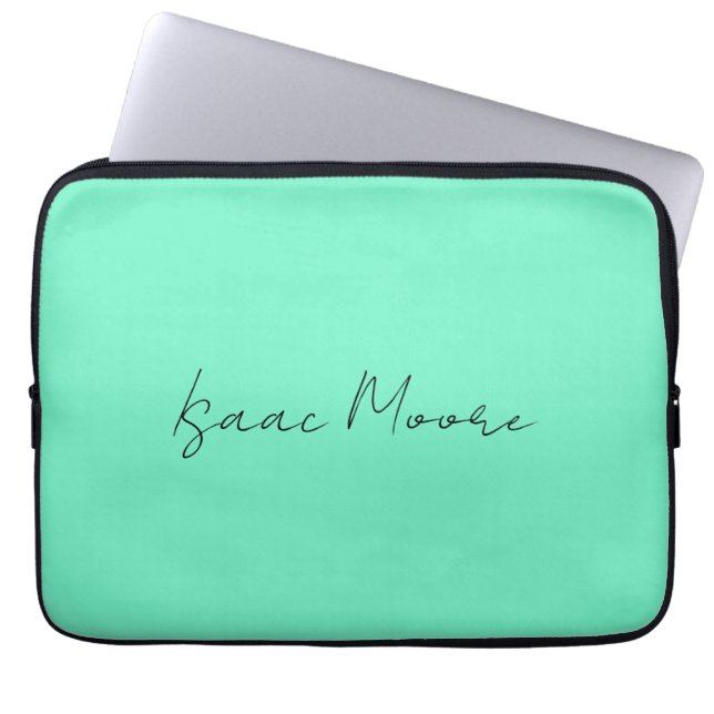 Plain Elegant Green Blue Script Calligraphy Name Laptop Sleeve (Front)