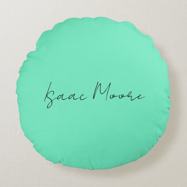 Plain Elegant Green Blue Script Calligraphy Name Round Cushion (Front)