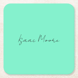 Plain Elegant Green Blue Script Calligraphy Name Square Paper Coaster
