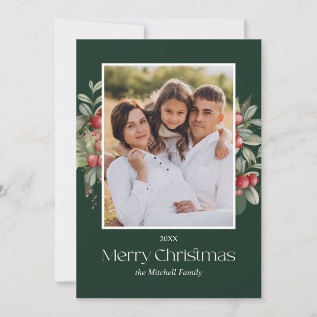 Plain Elegant Merry Christmas Floral Berries PHOTO Holiday Card (Front)