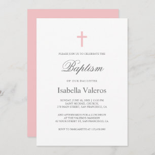 Plain Elegant Simple Pink Cross Baptism Invitation