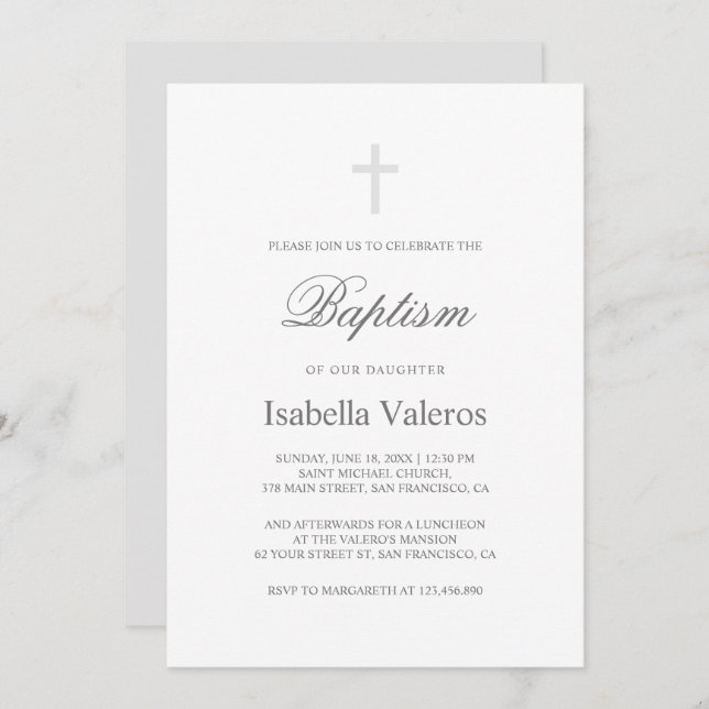Plain Elegant Simple Silver grey Cross Baptism  Invitation (Front/Back)