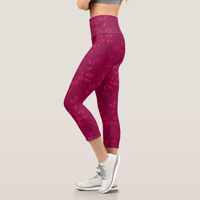 Plain floral pattern retro red capri leggings (Left)