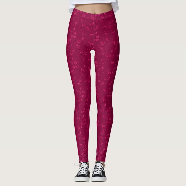 Plain floral pattern retro red leggings (Front)