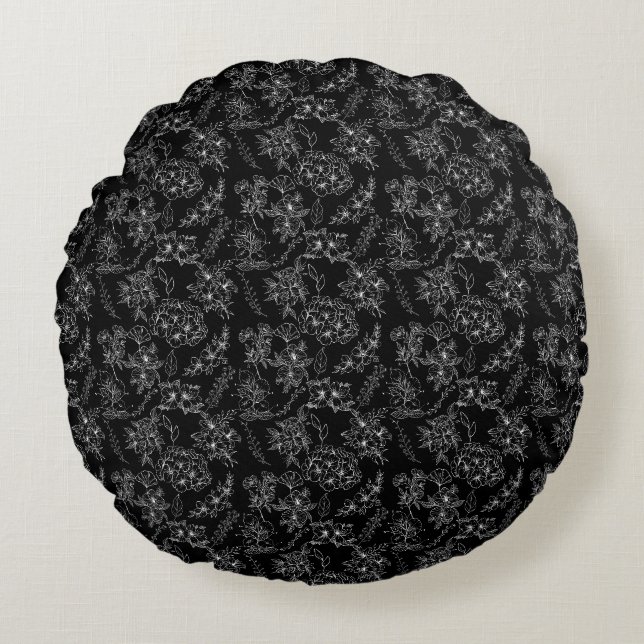Plain flower pattern 01b Black BG Round Cushion (Front)