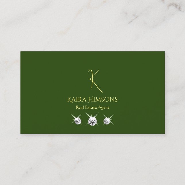Plain Forest Green with Monogram and Jewels Simple Business Card (Front)