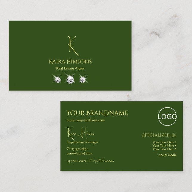 Plain Forest Green with Monogram Logo and Jewels Business Card (Front/Back)