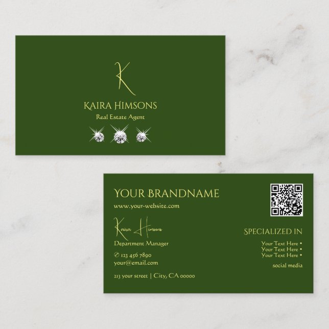 Plain Forest Green with Monogram QRCode and Jewels Business Card (Front/Back)