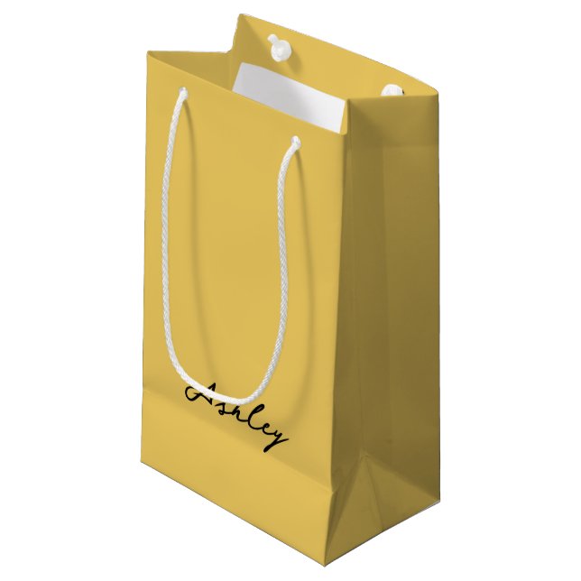 Plain gold script personalised small gift bag (Front Angled)