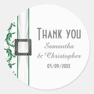Plain green and white lace thank you classic round sticker