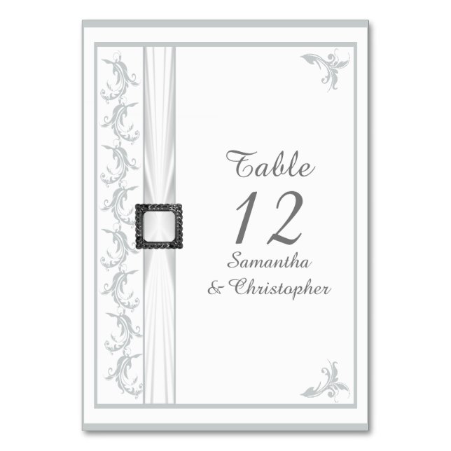 Plain grey and white damask white lace wedding table number (Front)