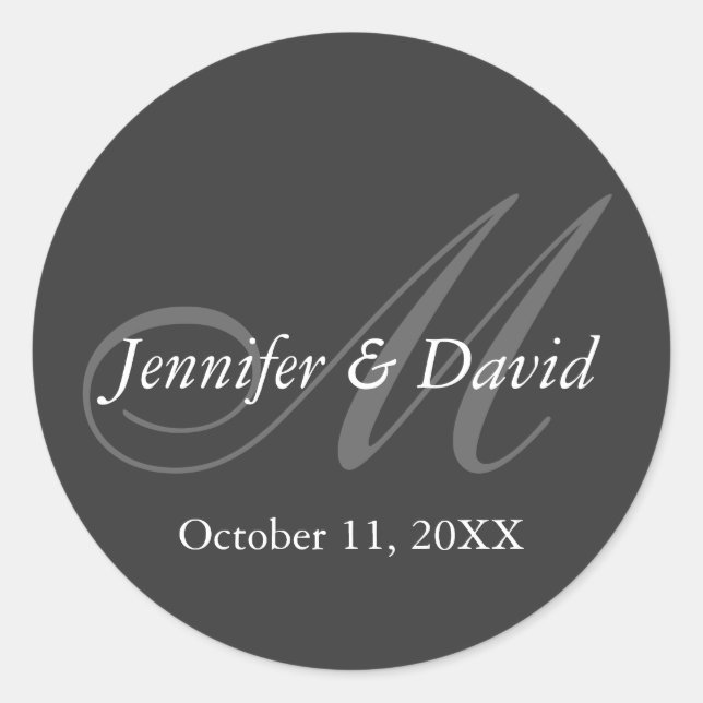 Plain Grey Monogram Wedding Bride Groom Names Classic Round Sticker (Front)