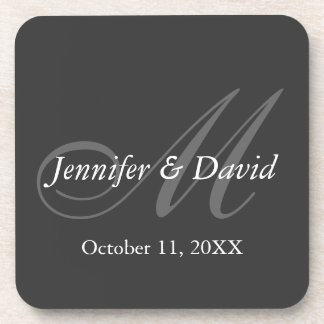 Plain Grey Monogram Wedding Bride Groom Names Coaster