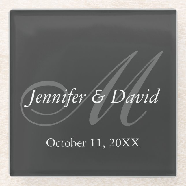 Plain Grey Monogram Wedding Bride Groom Names Glass Coaster (Front)