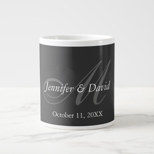 Plain Grey Monogram Wedding Bride Groom Names Large Coffee Mug (Front)