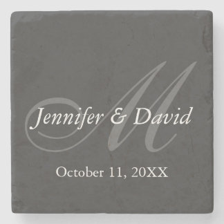 Plain Grey Monogram Wedding Bride Groom Names Stone Coaster