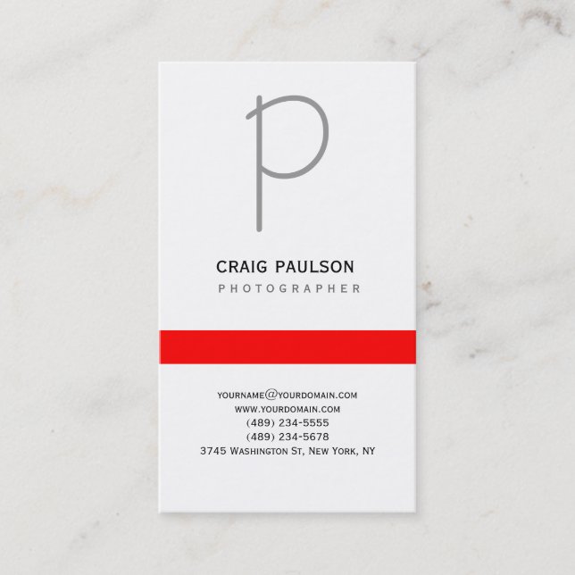 Plain Grey White Red Photography Business Card (Front)