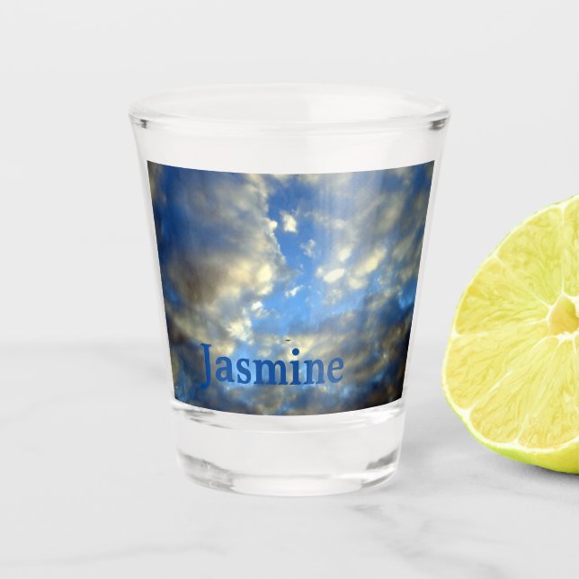 Plain Handwritten Own Name Blue Sky Clouds Shot Glass (Front)