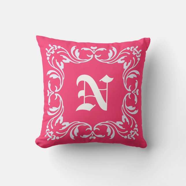 Plain Hot pink background and Damask Monogram Cushion (Front)