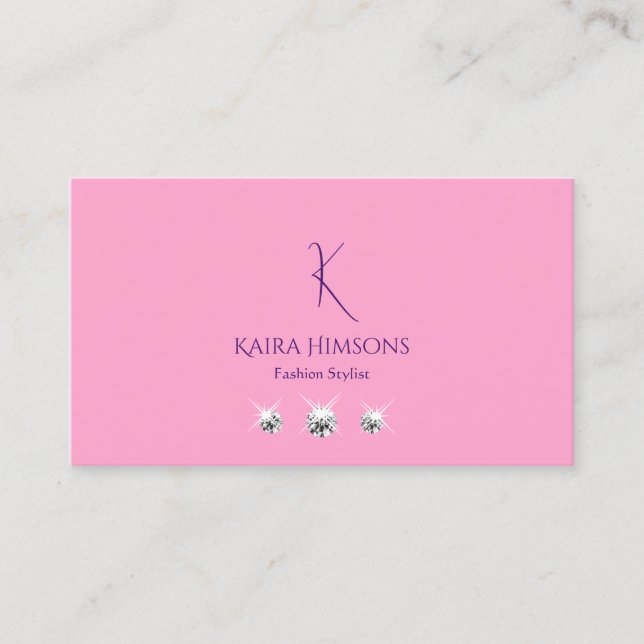Plain Light Pink with Monogram and Jewels Stylish Business Card (Front)
