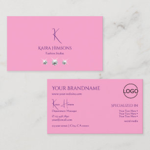 Plain Light Pink with Monogram Logo and Jewels Business Card