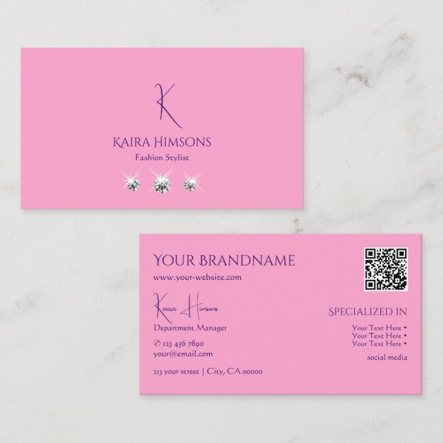 Plain Light Pink with Monogram QR-Code and Jewels Business Card (Front/Back)