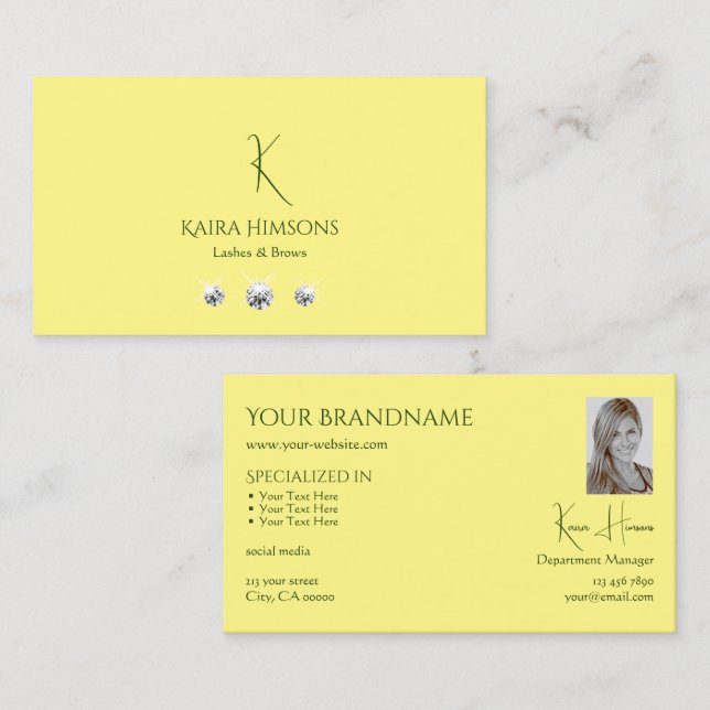 Plain Light Yellow with Monogram Photo and Jewels Business Card (Front/Back)