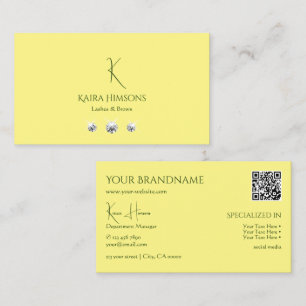 Plain Light Yellow with Monogram QRCode and Jewels Business Card