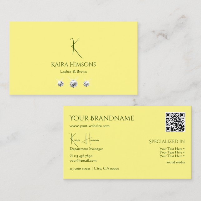 Plain Light Yellow with Monogram QRCode and Jewels Business Card (Front/Back)