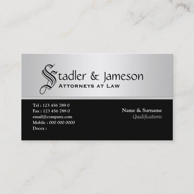 Plain masculine monogram silver black business card (Front)