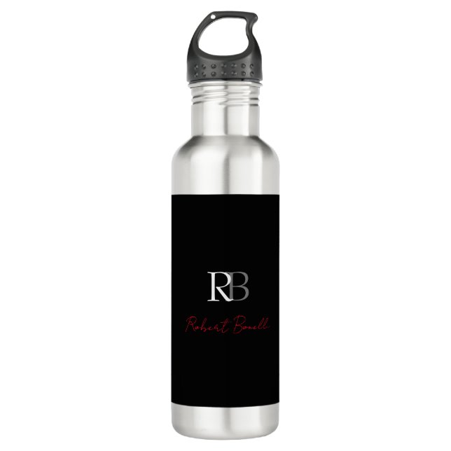 Plain Modern Black Red Monogrammed Initials Name 710 Ml Water Bottle (Front)